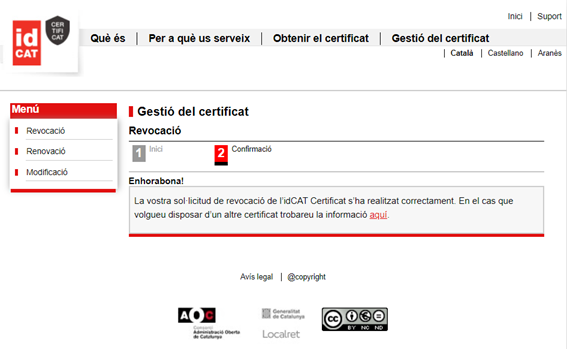 Missatge de confirmació conforme la sol·licitud de revocació s'ha realitzat correctament
