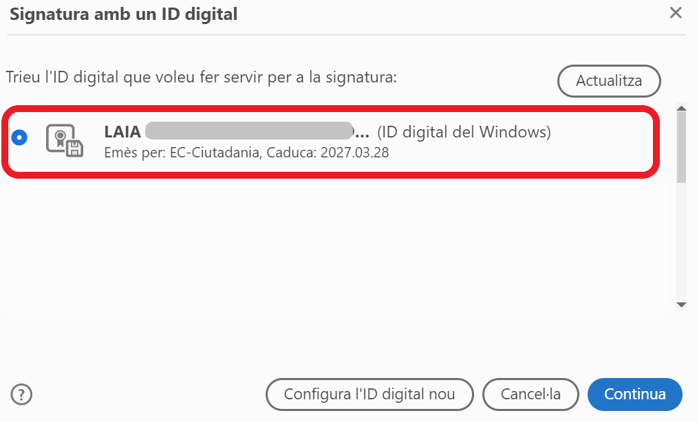 Select the certificate to sign the document