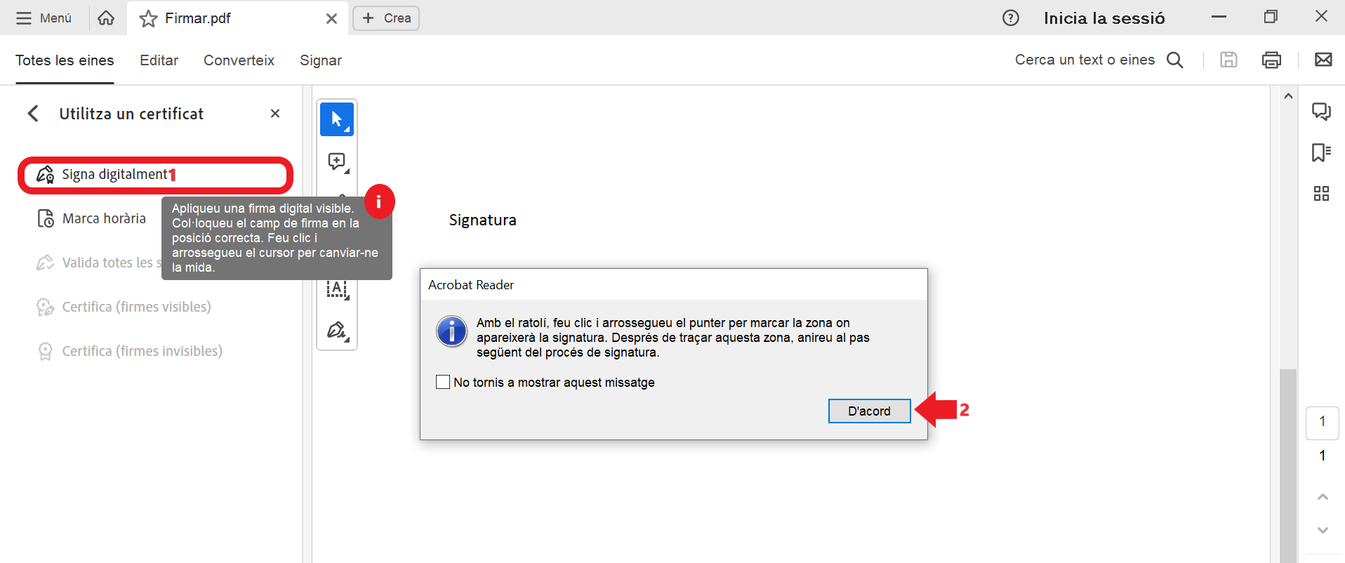 seleccionar l'opció signar digitalment i acceptar