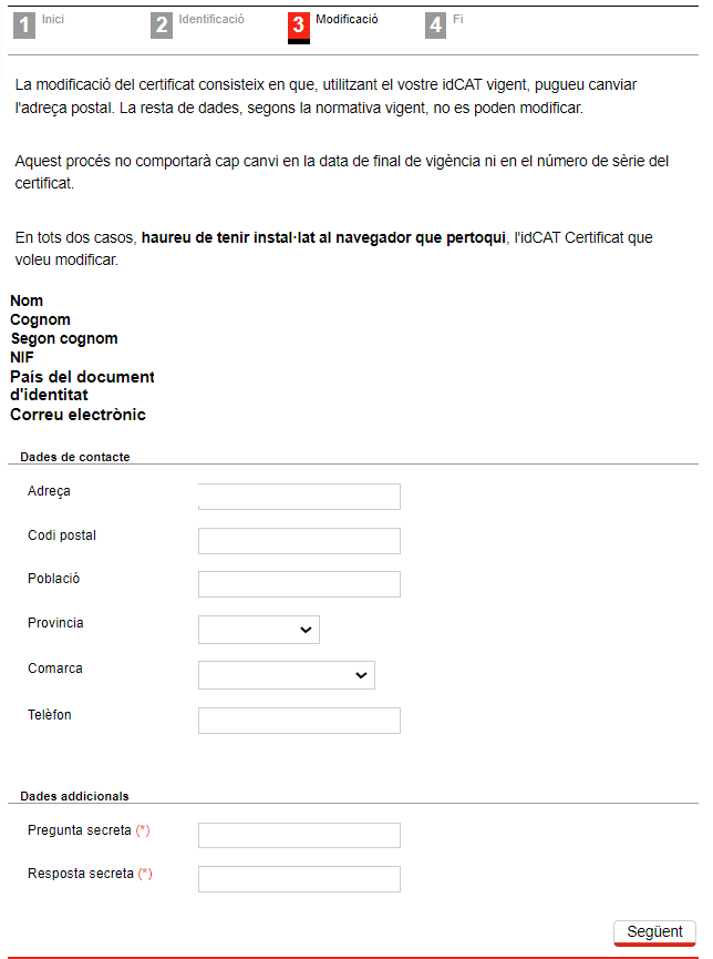 Modification page of the idCAT Certificate