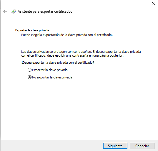 Seleccionar la opción No exportar la clave privada