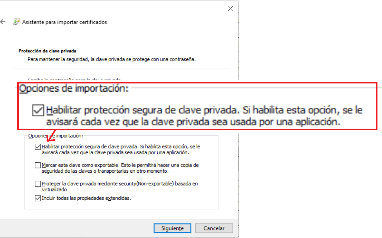 Select the option to enable secure private key protection