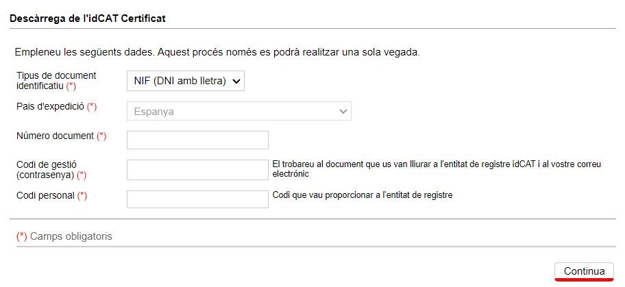 campos a serem preenchidos para download do Certificado idCAT